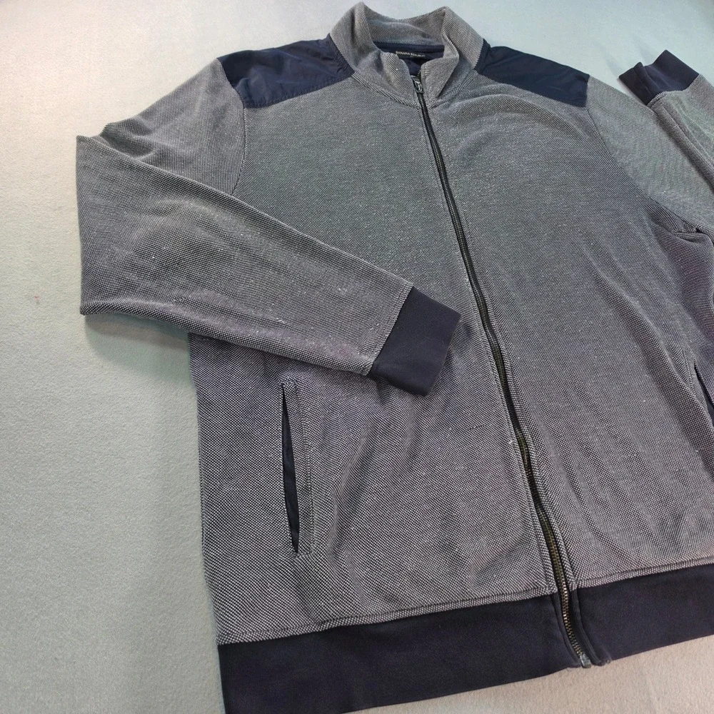 Banana Republic Mens XL Full Zip Mock Neck Jacket Gray Navy Blue Textured Knit